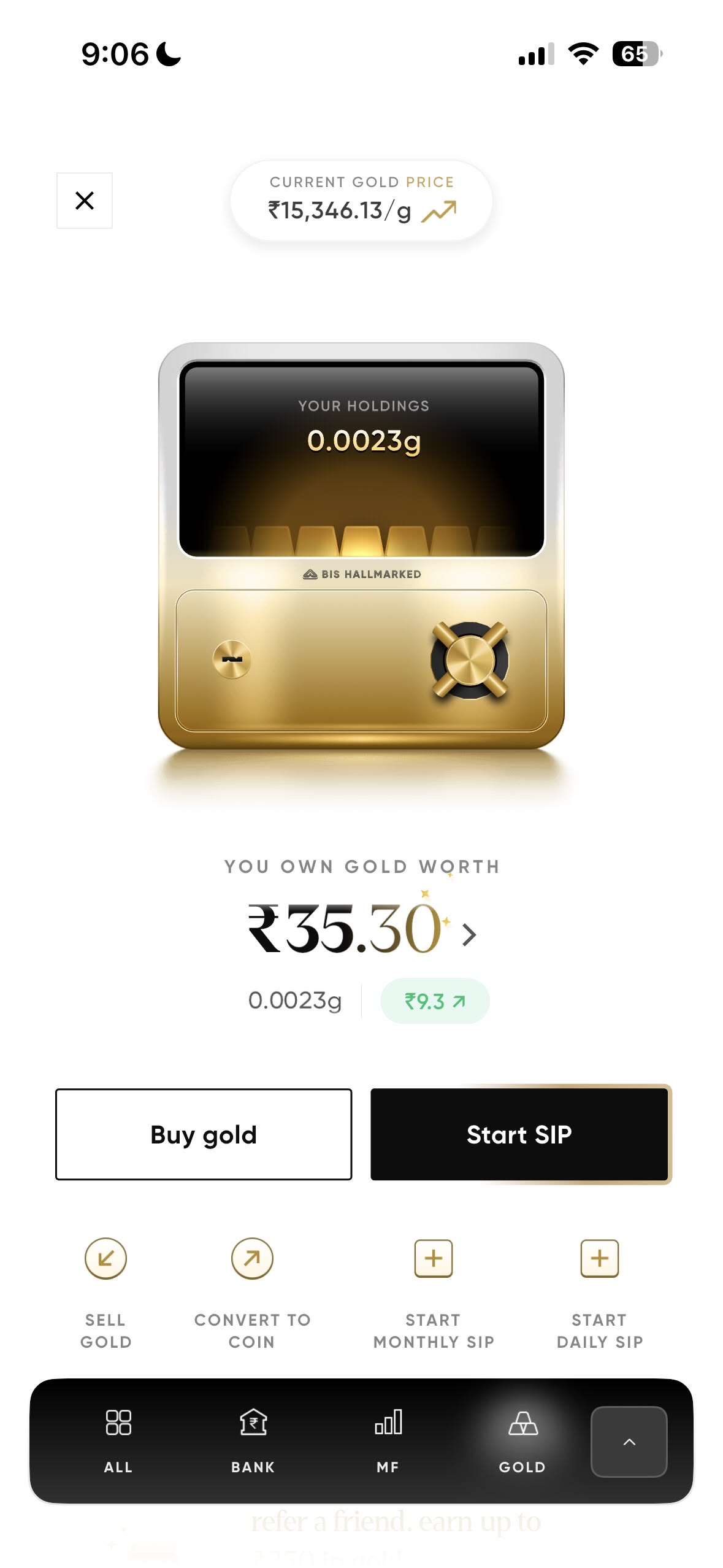 Gold vault illustration showing a holding of 0.0023g